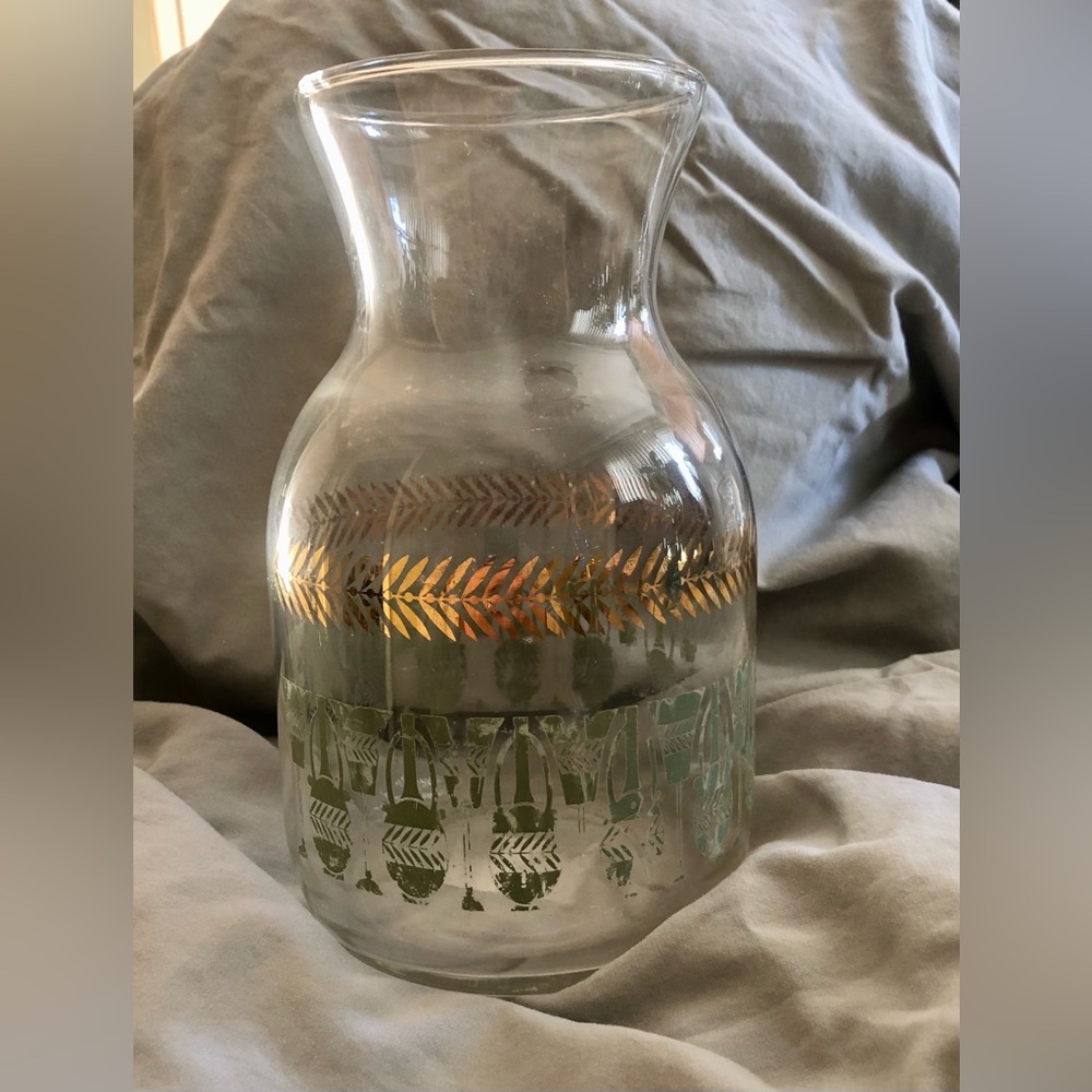 Vintage Federal juice carafe Clear with Gold Leaf and Green Pattern